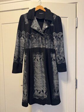 Diane Von Furstenberg Black Grey Wool Double Breasted Lace Pattern Coat Size L